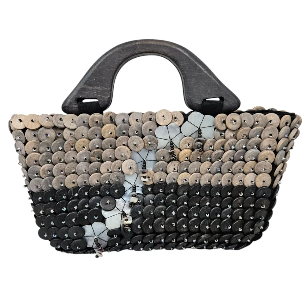 Vintage‎ Pele Purse Wood Handle Beaded Boho Chic Embellished Bermuda Bag Purse